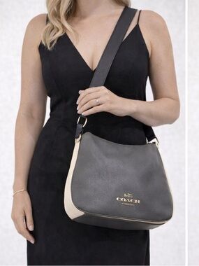 💋Coach F76697 Jes Colorblock Hobo Heather Gray/Black Pebbled Leather Bag